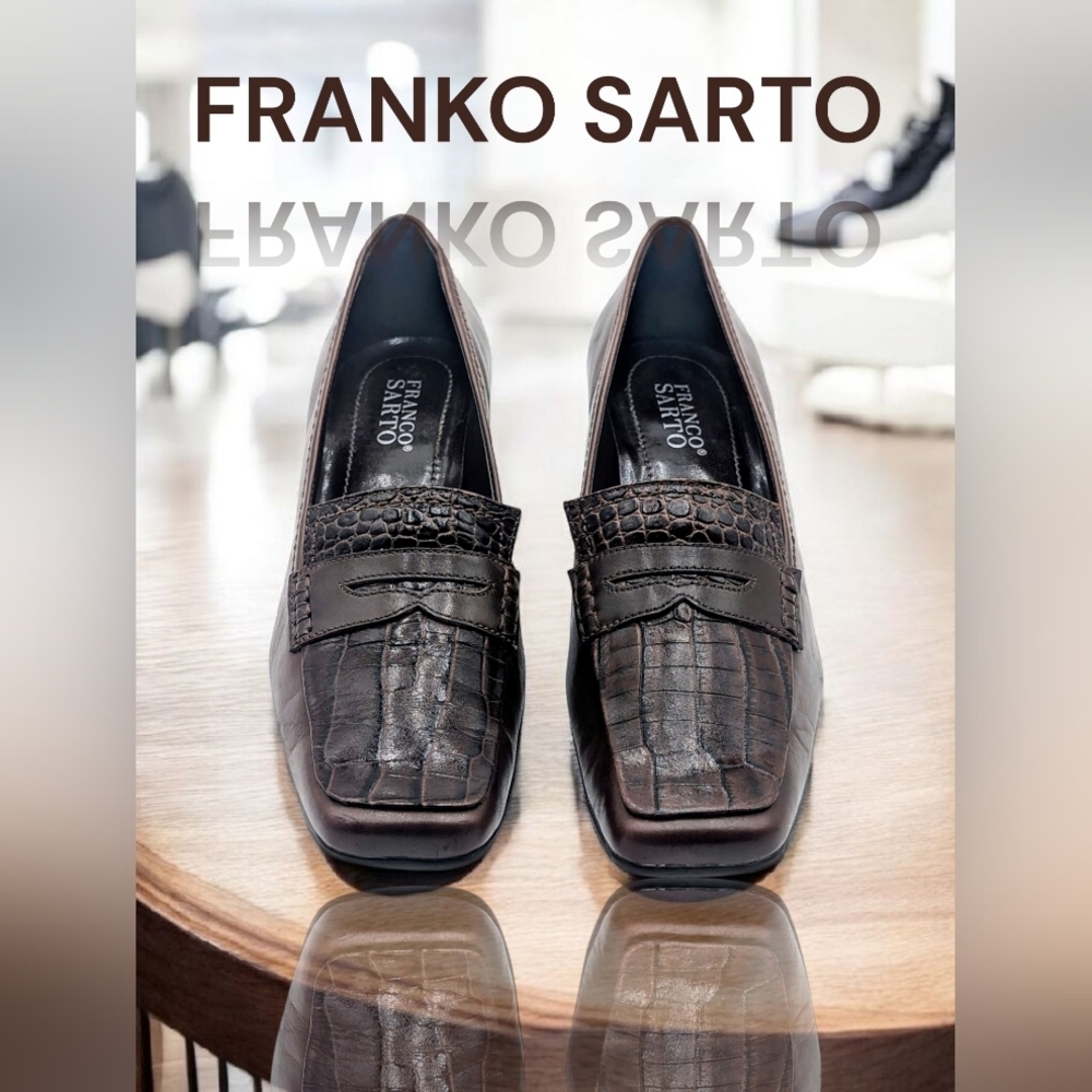 Franco Sarto Croc-Embossed Brown Loafers – Women’s Size 7.5